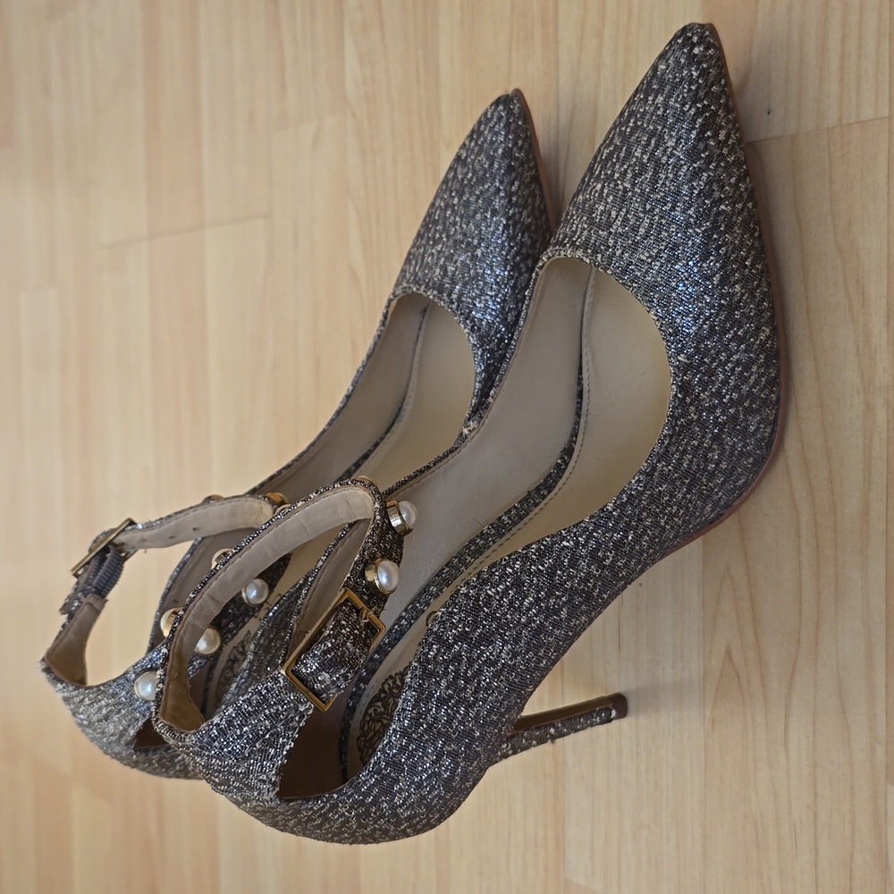 Vince Camuto Jassita Bronze Metallic Brocade Jeweled Ankle Strap Pump Heel Sz 6
